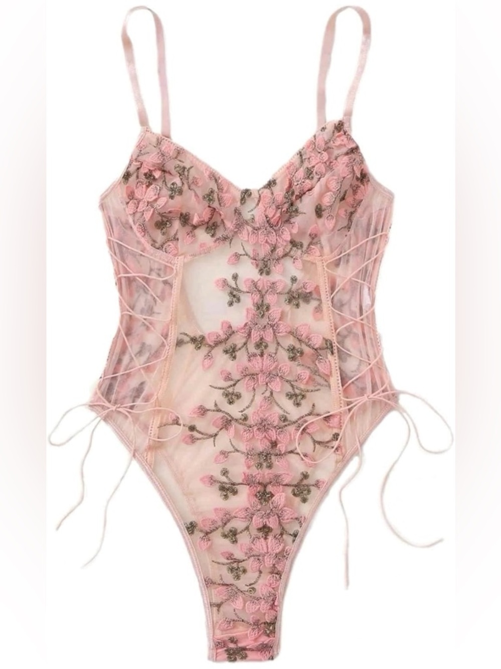 Sheer Pink Floral Embroidered Lace Bodysuit Chemise